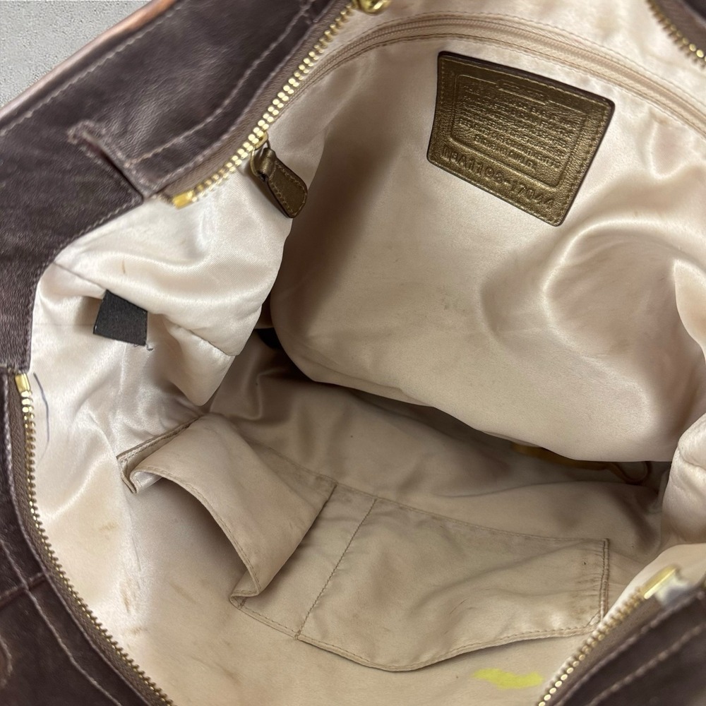 COACH AUDREY 17044 BROWN BEIGE OP ART SIGNATURE CANVAS SWIRL LEATHER TOTE BAG - Picture 3 of 8